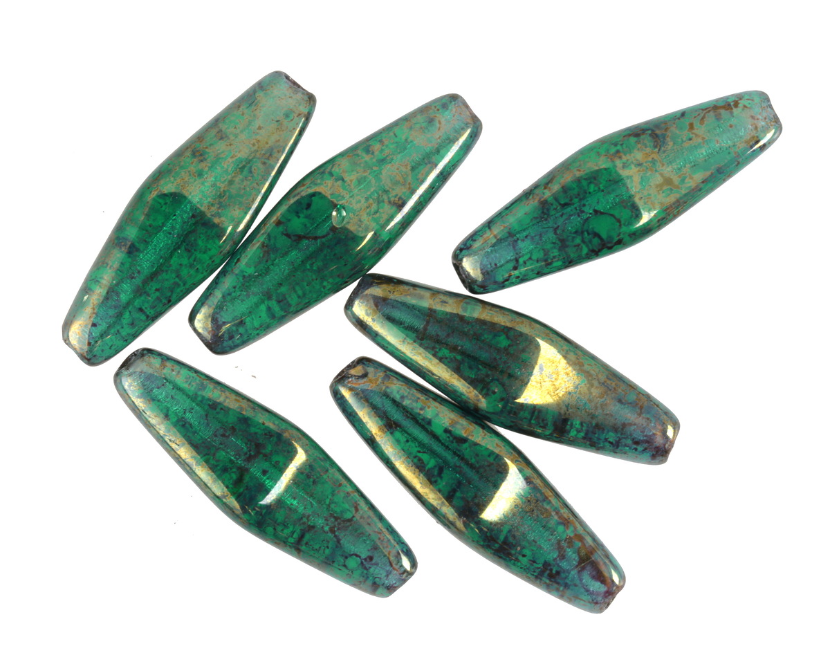 Czech Glass Emerald w/ Gold Luster Rhombus 20x8mm
