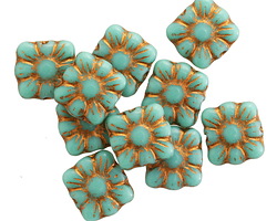 Czech Glass Turquoise w/ Bronze Square Flower 9mm