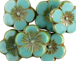 Czech Glass Green Turquoise Picasso Hibiscus Flower 21mm