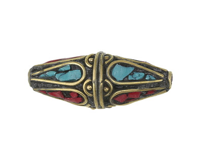 Nepalese Brass Rice Bead w/ Coral & Turquoise Mosaic Petals 35-38x14-15mm