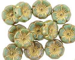 Czech Glass Green Tea w/ Gold Hibiscus Coin 12mm