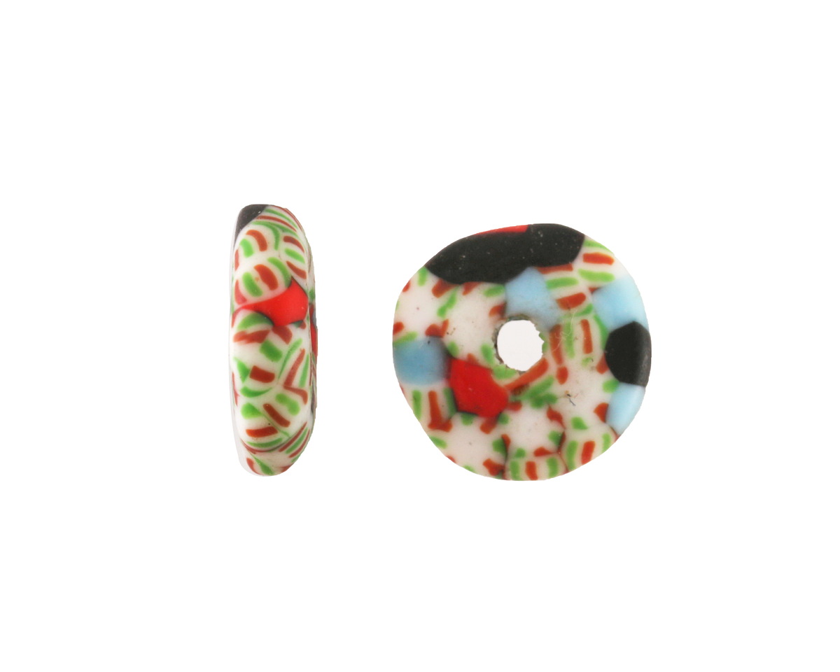 African Recycled Glass & Seed Bead Aqua w/ Red & Black Mini Donut 4-5x13-14mm