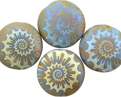 Czech Glass Laser Etched Ammonite on Matte Cornflower Blue Picasso w/ AB Finish Puff Coin 20mm