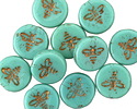 Czech Glass Opaque Green Turquoise w/ Bronze Bee Coin 12mm