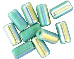 Czech Glass Green Turquoise Bronzed AB Large Hole Tube 14x7mm