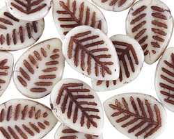 Czech Glass White w/ Brown Carved Leaf Drop 12x17mm