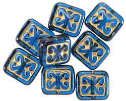 Czech Glass Capri Blue w/ Gold Ornamental Rectangle 11x12mm