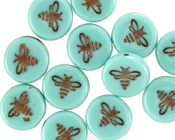 Czech Glass Bronzed Turquoise Bee Coin 12mm