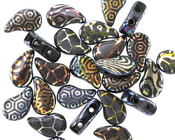 Czech Glass Laser Etched Mixed Designs on Jet AB 2-Hole Paisley Duo 8x5mm