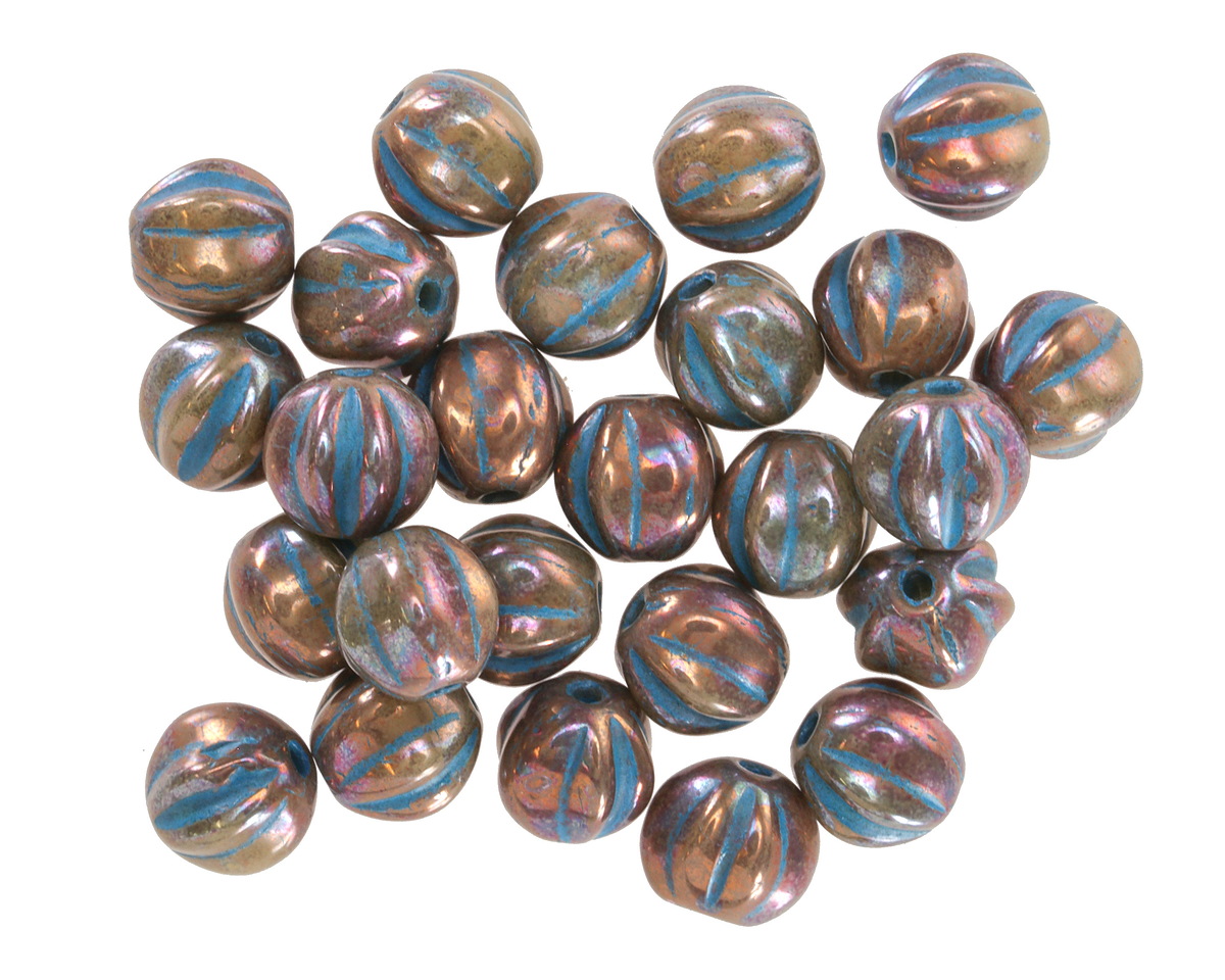 Czech Glass Bronze w/ Blue Wash Melon Round 6mm