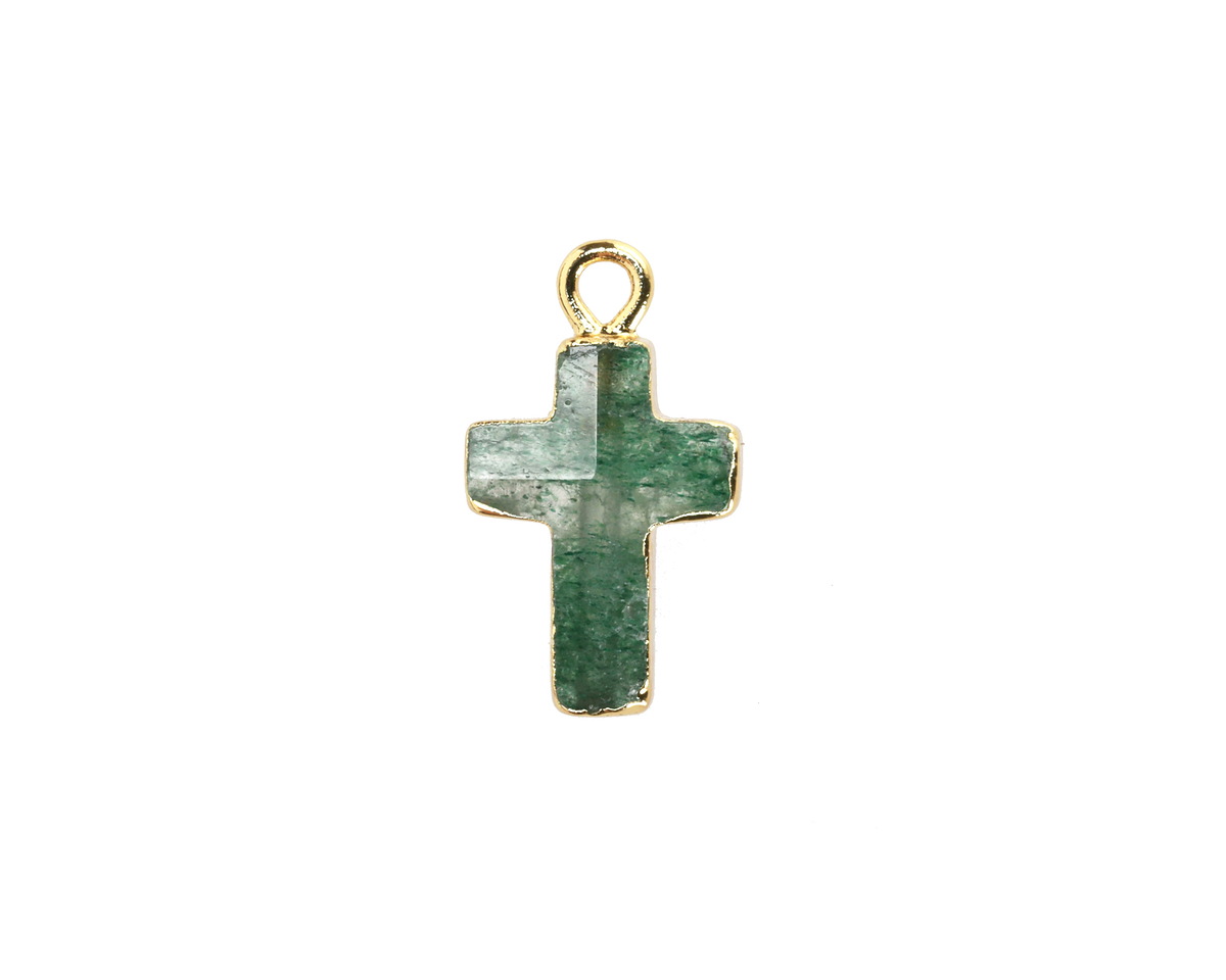 Green Strawberry Quartz Faceted Cross Focal w/ Gold Finish 10x15mm