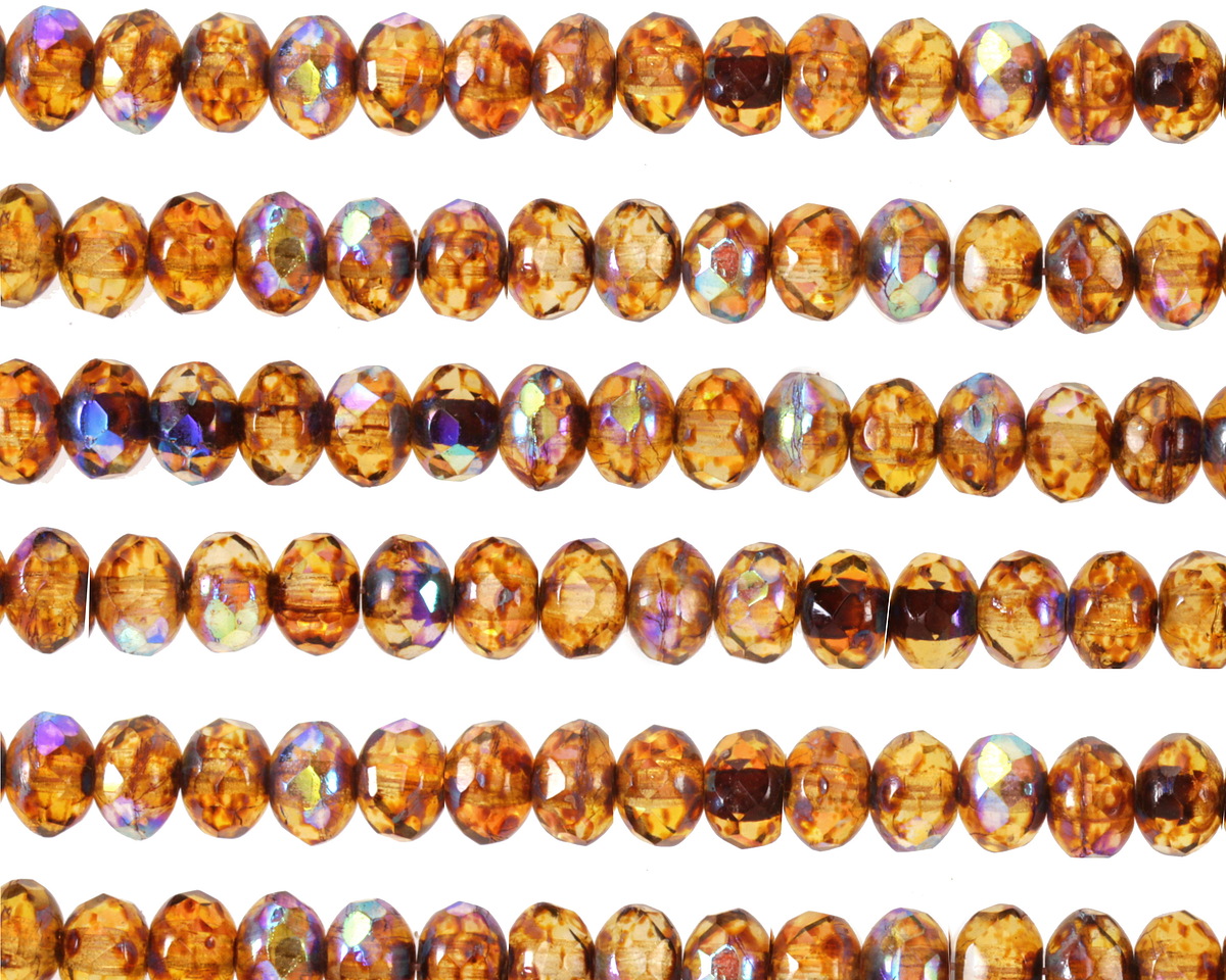 Czech Glass Amber Picasso AB Fire Polished Rondelle 3x5mm