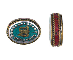 Nepalese White Brass & Brass "Om" Oval Coin Bead w/ Turquoise & Coral 20-22x16-18mm