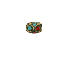 Nepalese Brass Barrel Bead w/ Coral & Turquoise Mosaic 10-11x7-8mm
