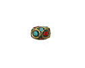 Nepalese Brass Barrel Bead w/ Coral & Turquoise Mosaic 10-11x7-8mm