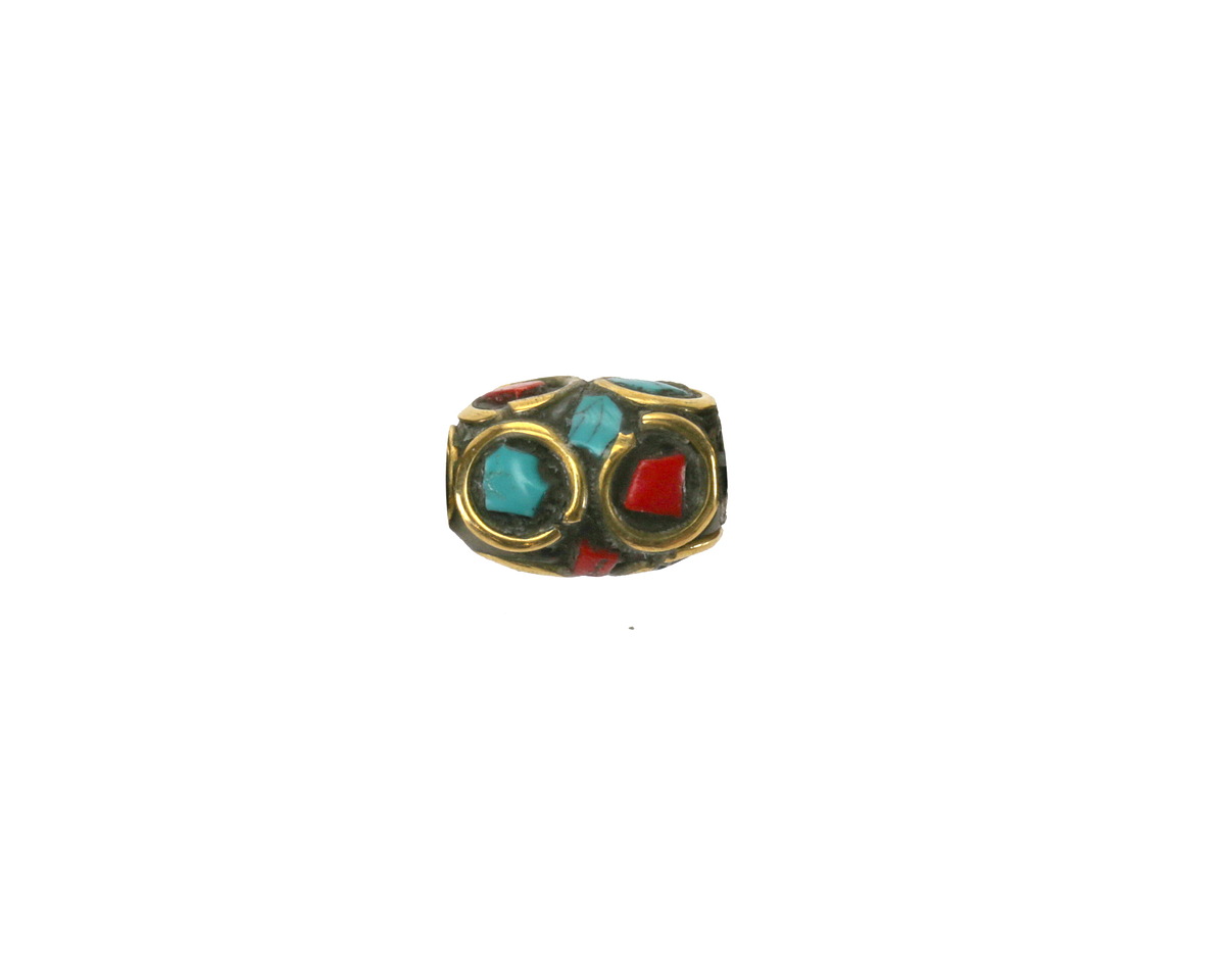 Nepalese Brass Barrel Bead w/ Coral & Turquoise Mosaic 10-11x7-8mm