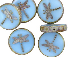 Czech Glass Alice Blue Picasso Dragonfly Coin 17mm