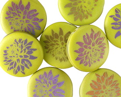 Czech Glass Laser Etched Dahlia on Matte Wasabi w/ Rainbow Finish Coin 17mm