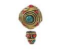 Nepalese Guru Bead w/ Turquoise & Coral Dots in Brass Concentric Circles 21x34mm