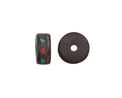 Nepalese Batiked Bone Coral & Turquoise Mosaic Wheel 5-6x10-11mm