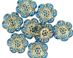 Czech Glass Capri Blue w/ Gold Wild Rose Coin 14mm