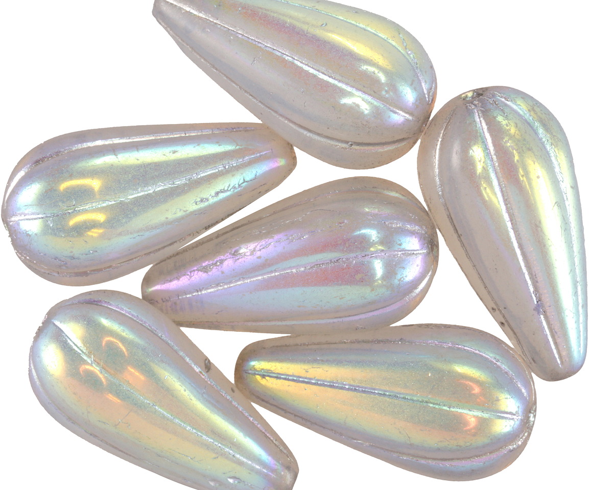 Czech Glass Opal AB w/ Mercury Finish Melon Teardrop 23x12mm