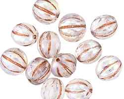 Czech Glass White Opal AB w/ Copper Faceted Melon Round 10mm