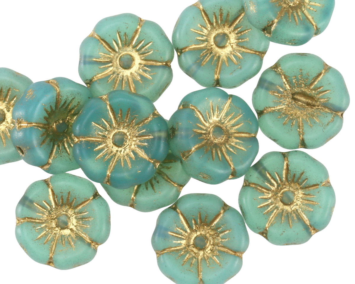 Czech Glass Green Opal w/ Gold Hibiscus Coin 12mm