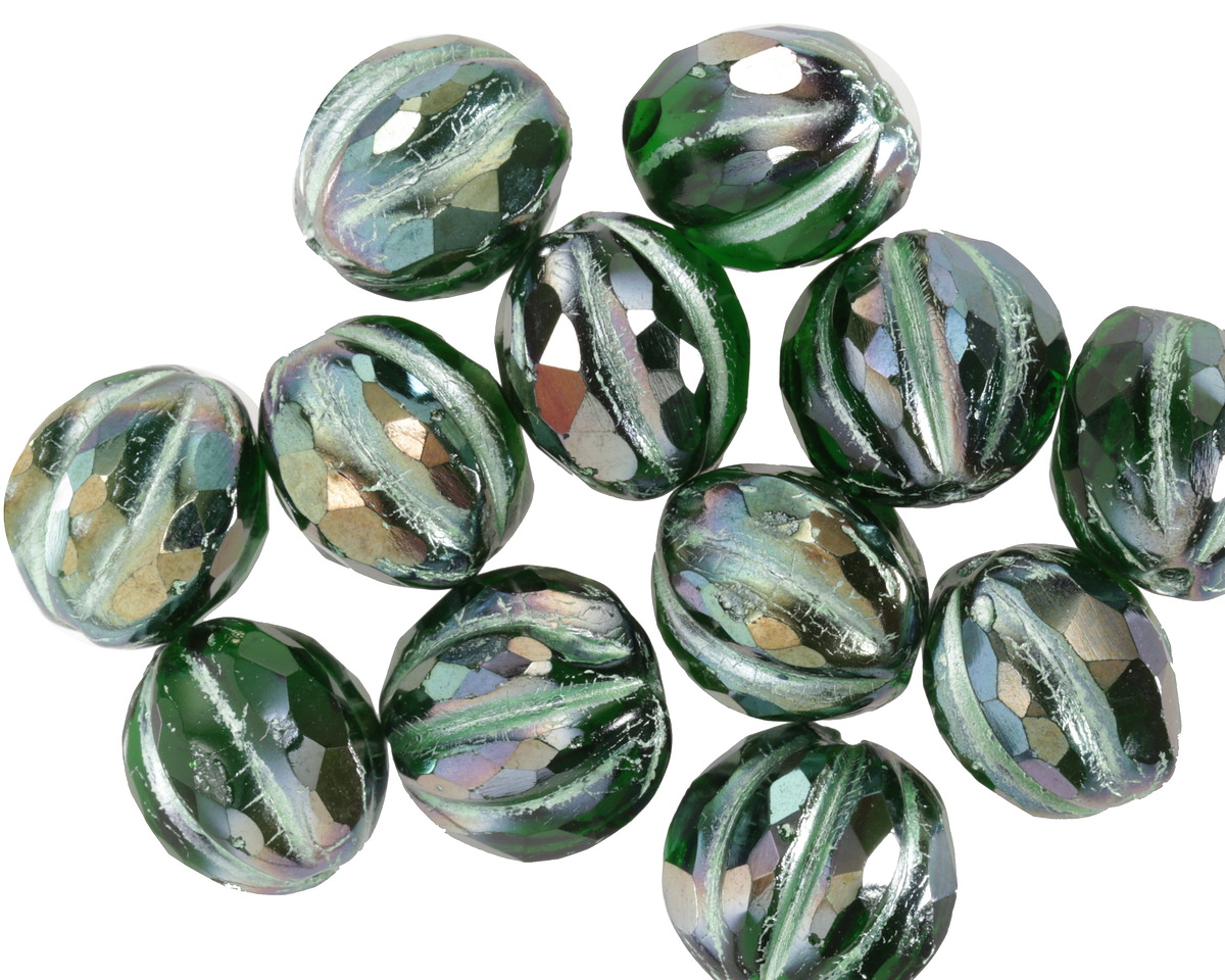 Czech Glass Emerald w/ Iris Brown Luster & Metallic Green Faceted Melon Round 10mm