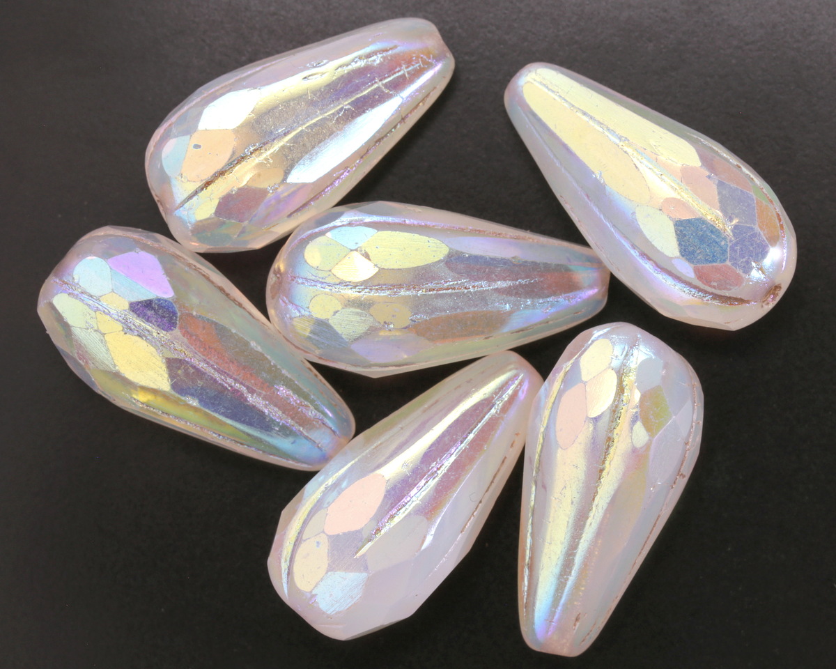 Czech Glass White w/ Rainbow AB & Metallic Beige Wash Faceted Melon Teardrop 23x11mm