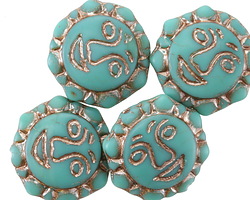Czech Glass Matte Turquoise w/ Platinum Sun Face 18mm