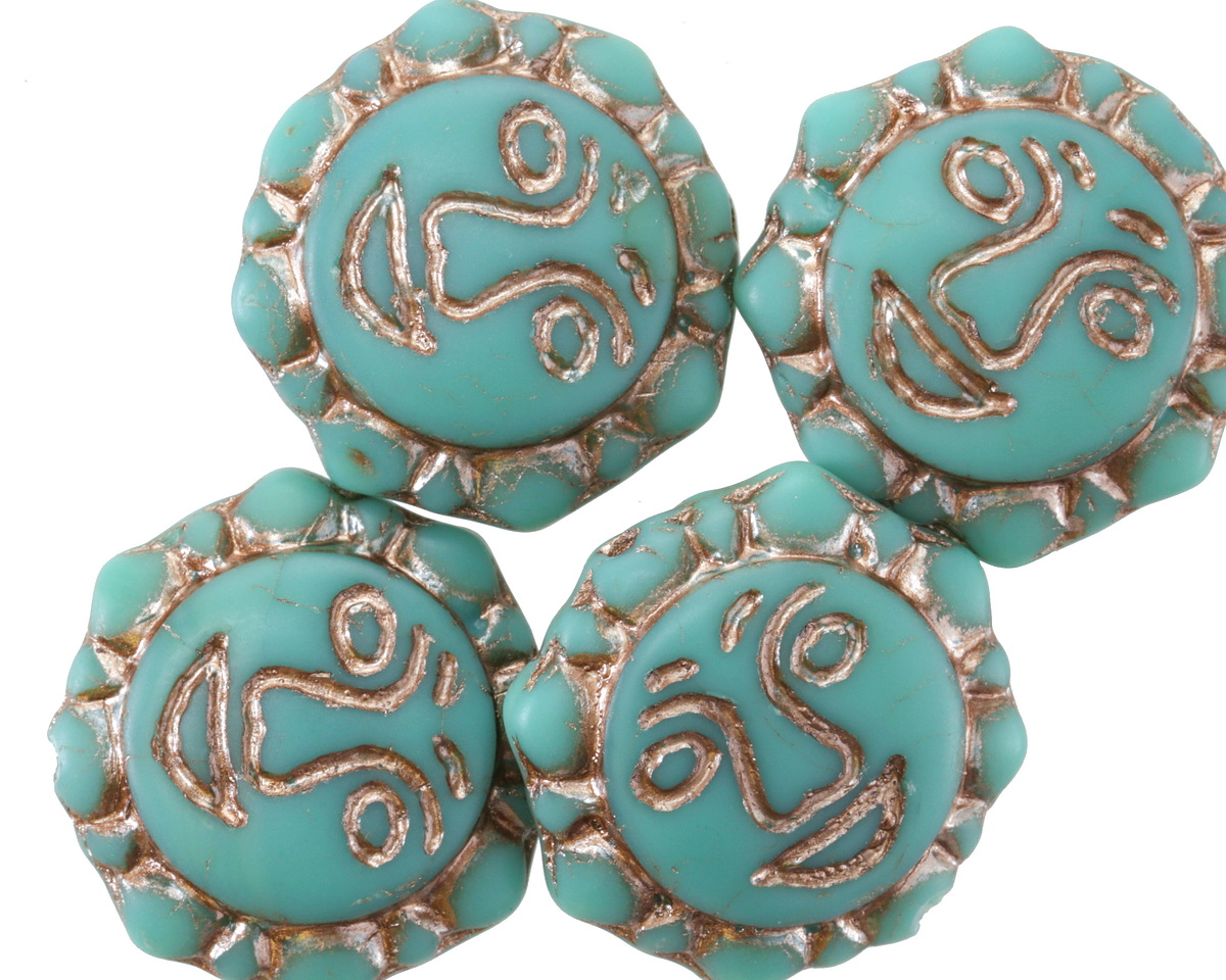 Czech Glass Matte Turquoise w/ Platinum Sun Face 18mm