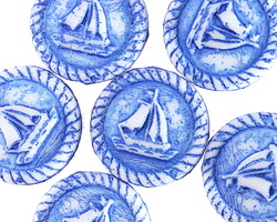 Czech Glass White w/ Metallic Cobalt Sailboat Coin 20mm