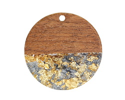 Walnut Wood & Jet Pearlescent in Clear w/ Gold Foil Resin Round Focal 28mm