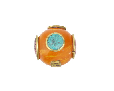 Nepalese Resin Amber & Brass Bead w/ Turquoise & Coral 16x17mm