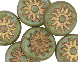 Czech Glass Turquoise Picasso w/ Gold Sun Coin 22mm