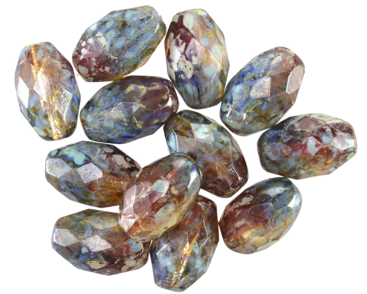 Czech Glass Amber Picasso Faceted Rice 12x8mm