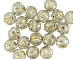 Czech Glass Mint Crystal Swirl w/ Gold Melon Round 8mm