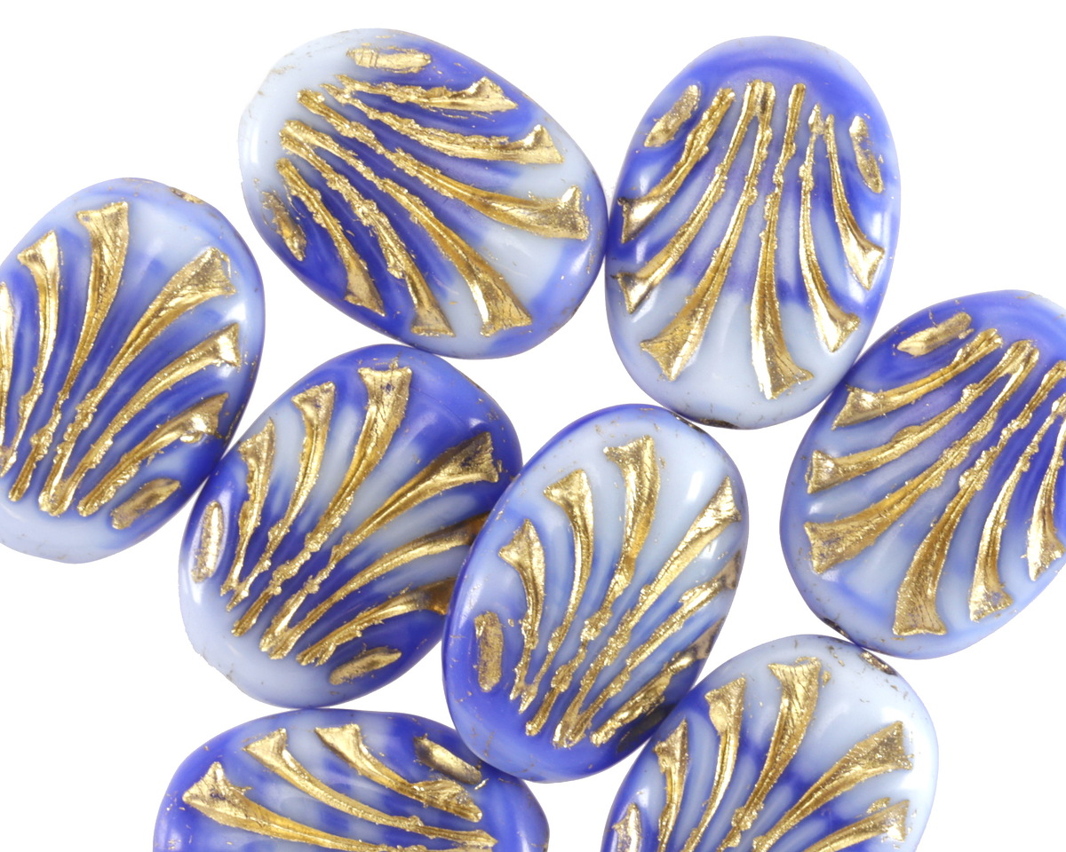 Czech Glass Cobalt Marble w/ Gold Fan Oval 17x12mm