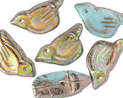 Czech Glass Sky Blue w/ Antique Vitrail Bird 11x22mm