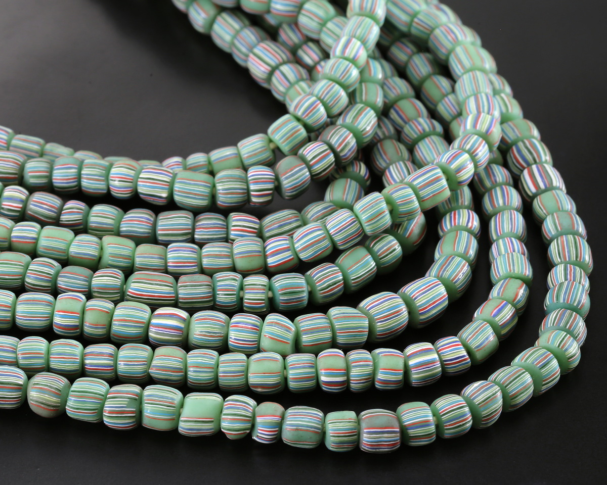 Java Glass Emerald Green w/ Stripes Graduated Gooseberry Beads 3-6x4-6mm