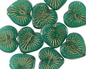 Czech Glass Emerald Opal w/ Gold Starburst Heart 13x14mm