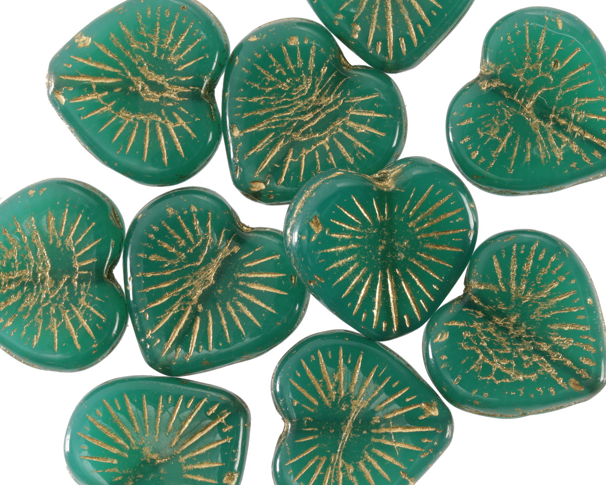 Czech Glass Emerald Opal w/ Gold Starburst Heart 13x14mm