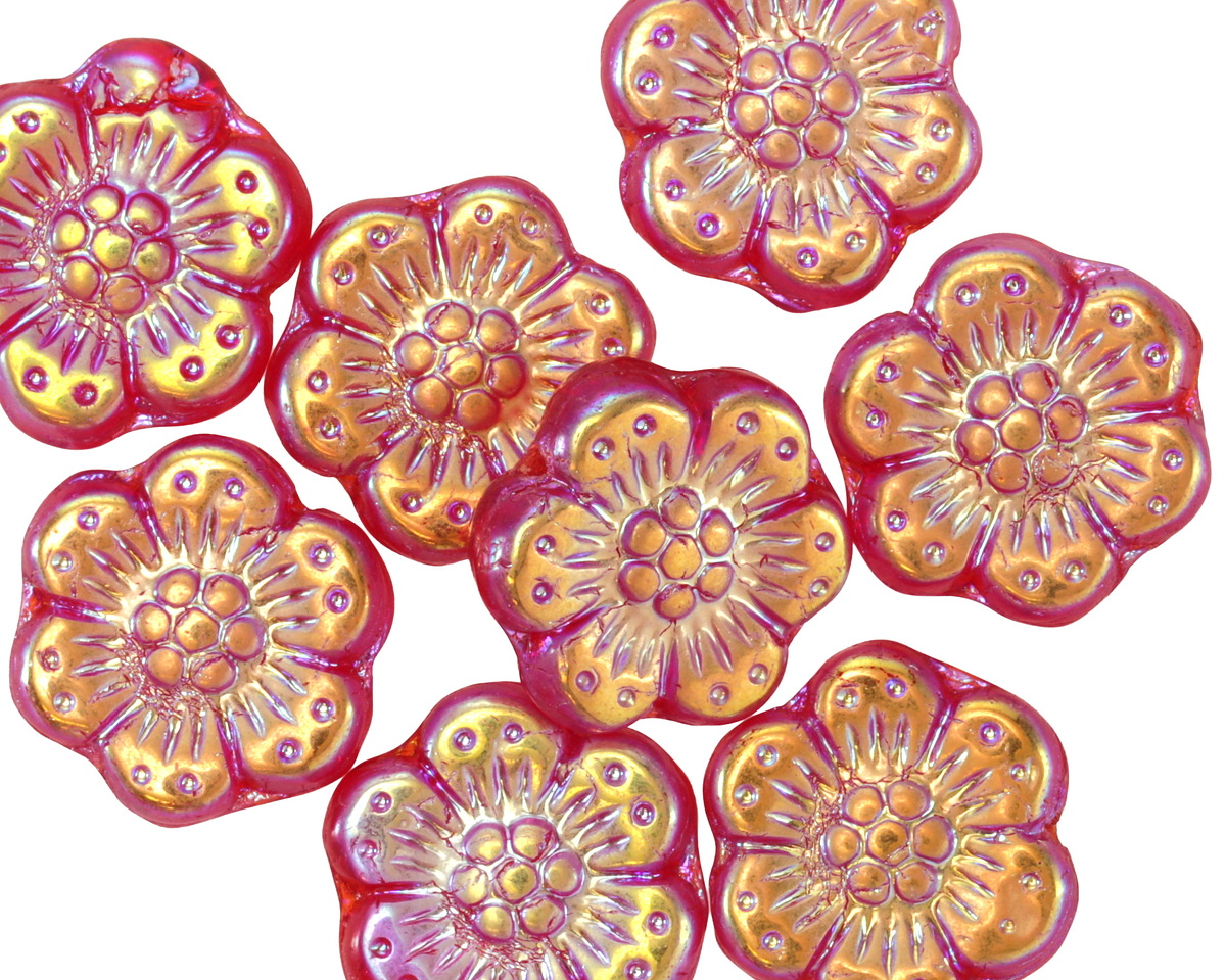 Czech Glass Ruby AB Wild Rose Coin 13mm