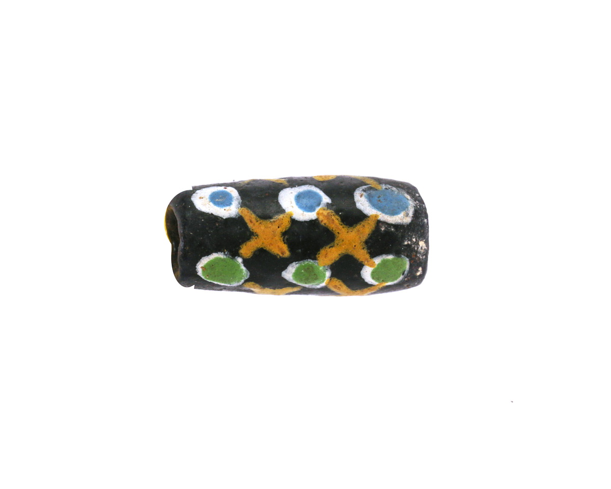 African Glass (Krobo) Black Powder-Cast Hand-Painted Yellow Lattice w/ Green & Blue Dots Tube 15-18x9mm