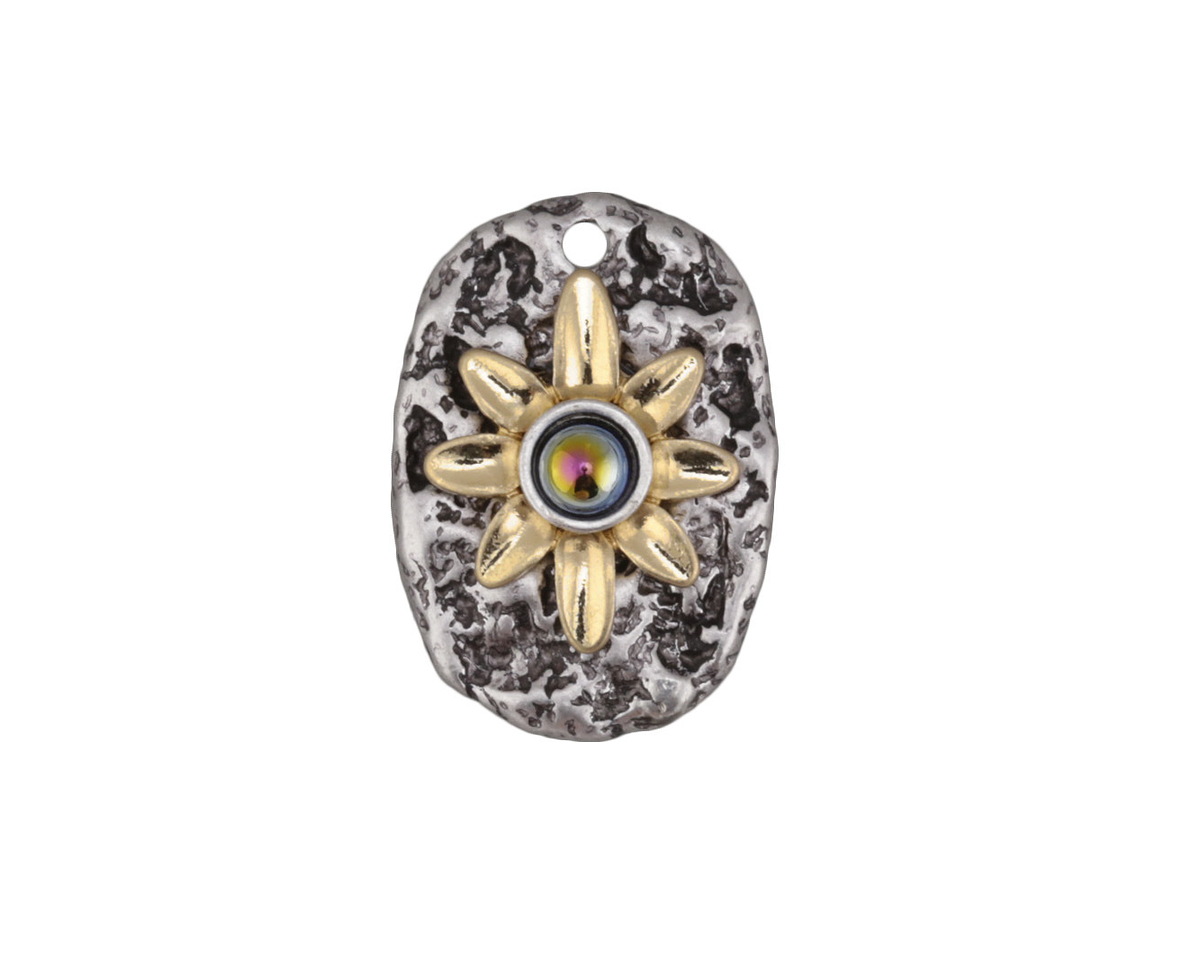 Zola Elements Antique Silver & Matte Gold (plated) Flower w/ Metallic Peacock Crystal Textured Focal 15x22mm