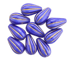 Czech Glass Indigo Silk w/ Gold Melon Teardrop 13x8mm