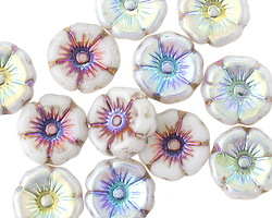 Czech Glass Opaque White w/ Metallic Volcano AB Luster Hibiscus Coin 12mm
