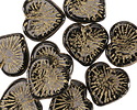 Czech Glass Jet w/ Gold Wash Starburst Heart 14mm