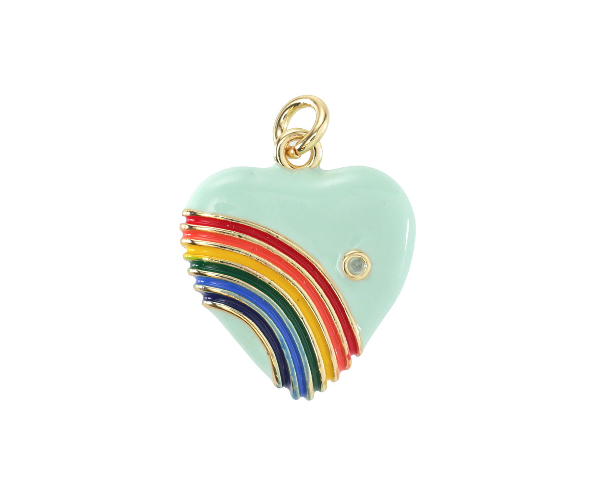 Sweet Mint Enamel w/ Rainbow & Gold Finish Heart Pendant 18x20mm